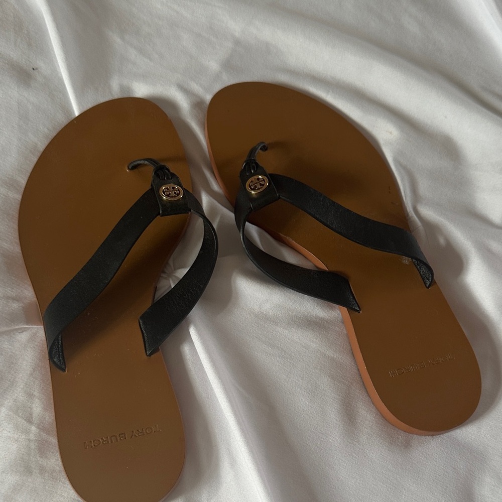 Tory Burch Black Strap Brown Sole Sandals